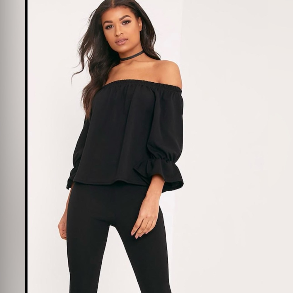 Black Co-ord Set, Convertible Off Shoulder Bardot Flute Sleeve Top & Pants Small
